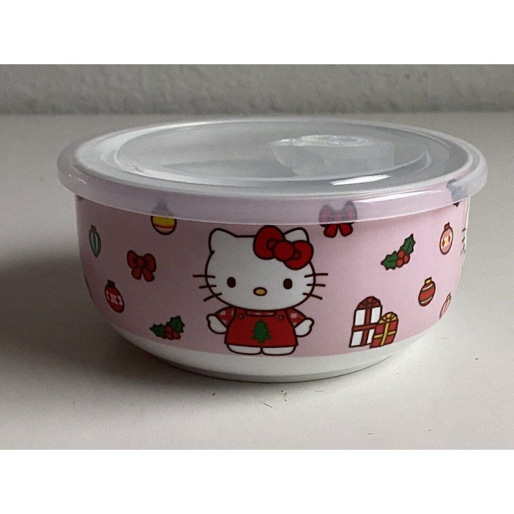 Hello Kitty Christmas Pressure Lid Ceramic Food Storage Bowl Pink MEDIUM NEW - Picture 3 of 7